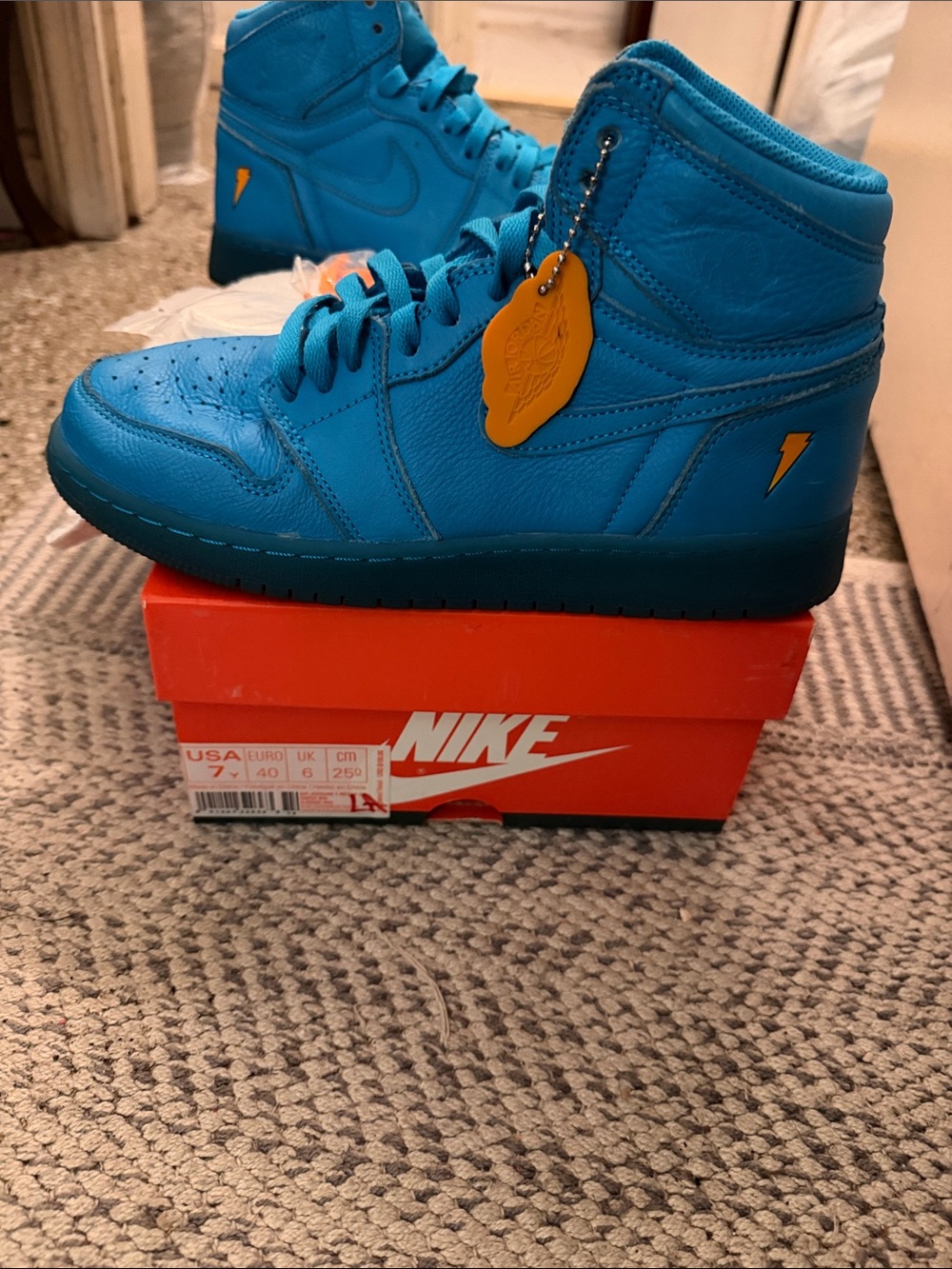 Nike Air Jordan 1 Mid Teal Blue with Orange Tag